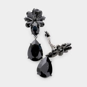 Teardrop Black Crystal Oval Floral Clip On Earring